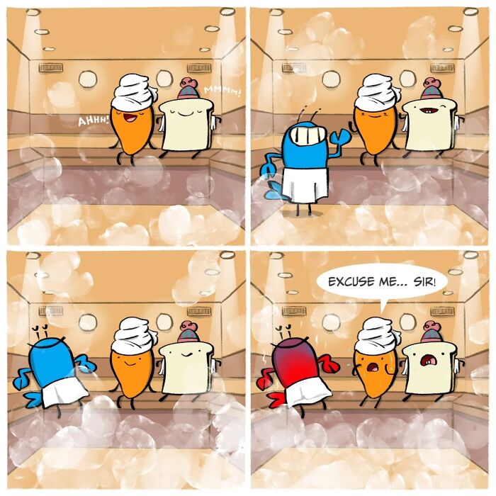 Cartoon carrot and slice of toast characters in a steamy room with a robot, featuring silly comedy scenes.