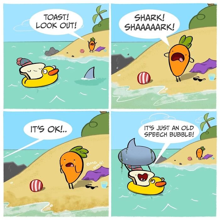Carrot and slice of toast characters in silly comedy scene on beach with shark fin and speech bubbles.