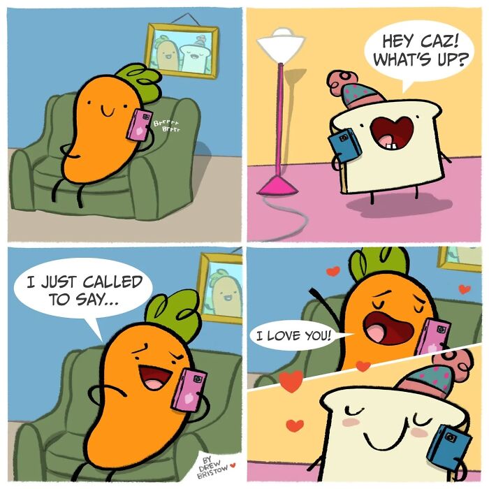 Cartoon carrot and slice of toast characters having a cute phone conversation in a silly comedy illustration.