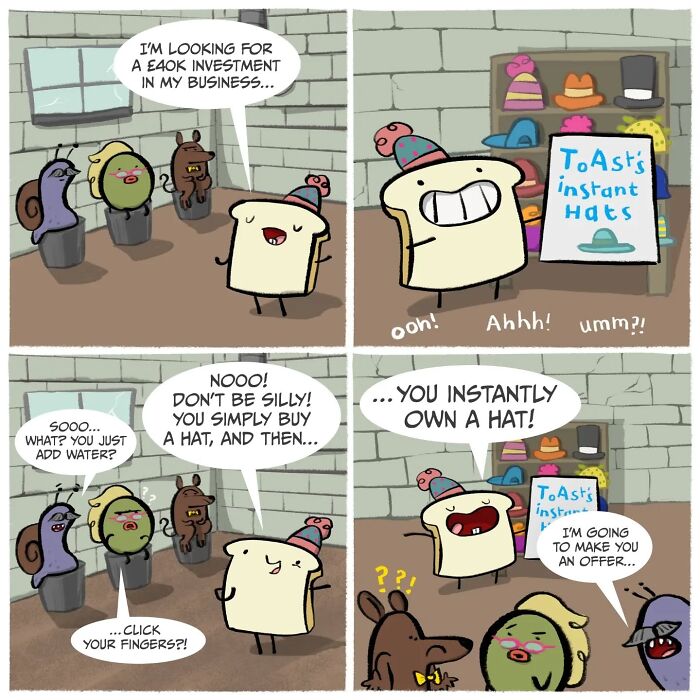 Comic strip showing a slice of toast using silly comedy with hats, featuring a carrot and other quirky characters.