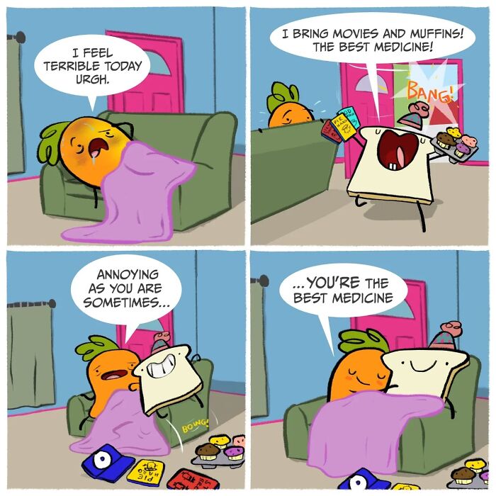 Comic strip showing a carrot and a slice of toast in a silly comedy scene about feeling better with movies and muffins.