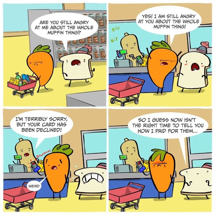 Carrot and slice of toast characters in a silly comedy scene involving a shopping cart and payment issues.
