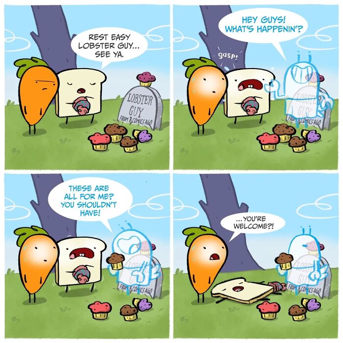 Cartoon of a carrot and slice of toast humorously interacting by a graveyard in a silly comedy artwork.