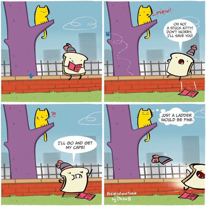 Cartoon slice of toast tries to rescue a cat from a tree in a silly comedy by artist using carrot and toast characters.