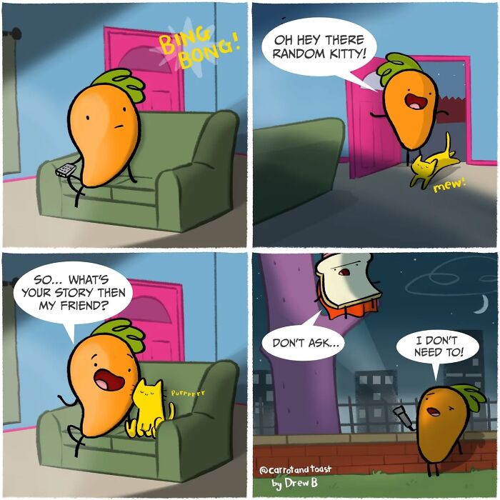 Cartoon carrot and slice of toast in a silly comedy scene with a cat, featuring humorous dialogue and playful interaction.