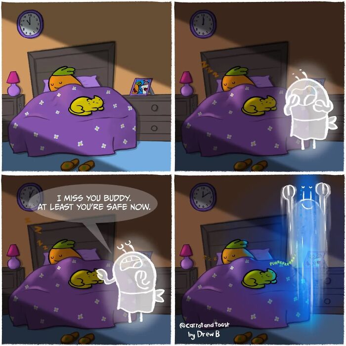 Cartoon carrot and toast character showing silly comedy in a bedroom with a sleeping cat on a purple bedspread.