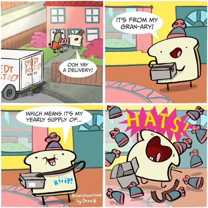 Cartoon slice of toast receiving a delivery and excitedly unpacking a yearly supply of silly hats in a colorful comic style.