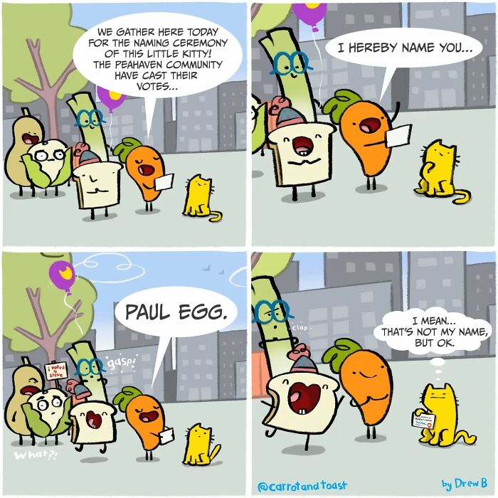 Comic strip featuring a carrot and a slice of toast in a silly comedy scene with animated food characters.
