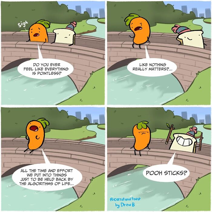 Carrot and toast characters in a comic strip share humorous and thoughtful dialogue by a riverside bridge.