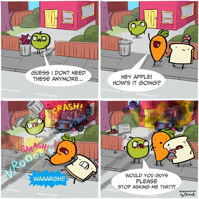 Comic strip featuring an apple, carrot, and slice of toast in a silly comedy scene with animated expressions.