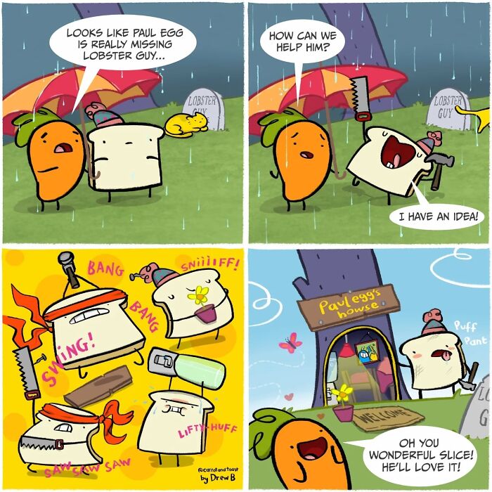Cartoon carrot and slice of toast in a silly comedy scene with colorful umbrellas and playful expressions.