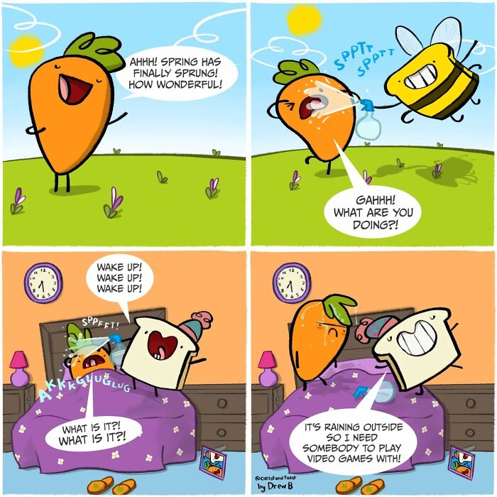 Cartoon carrot and slice of toast in a silly comedy scene with playful interaction and colorful backgrounds.