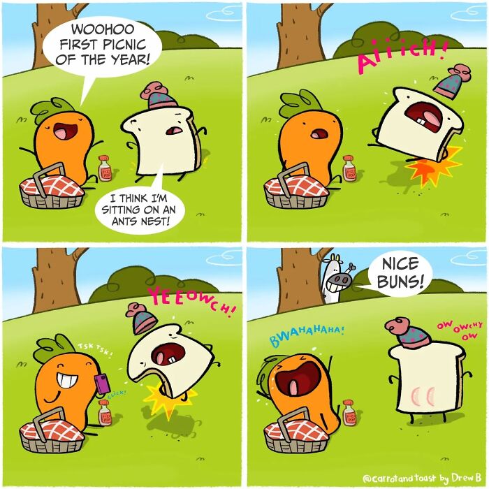 Cartoon carrot and toast in silly comedy scene with picnic, ants nest, and playful animal pun humor outdoors.