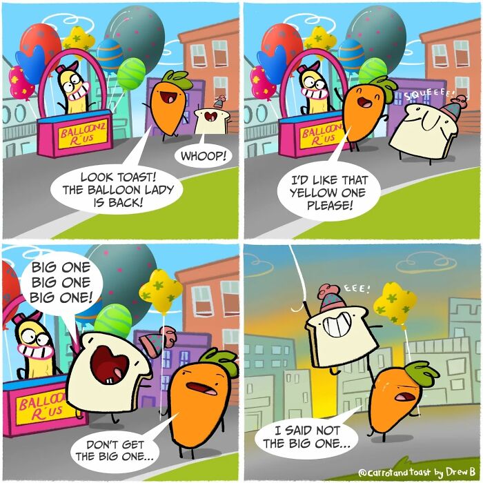 Colorful cartoon featuring a carrot and slice of toast in a silly comedy with balloons and playful dialogue.
