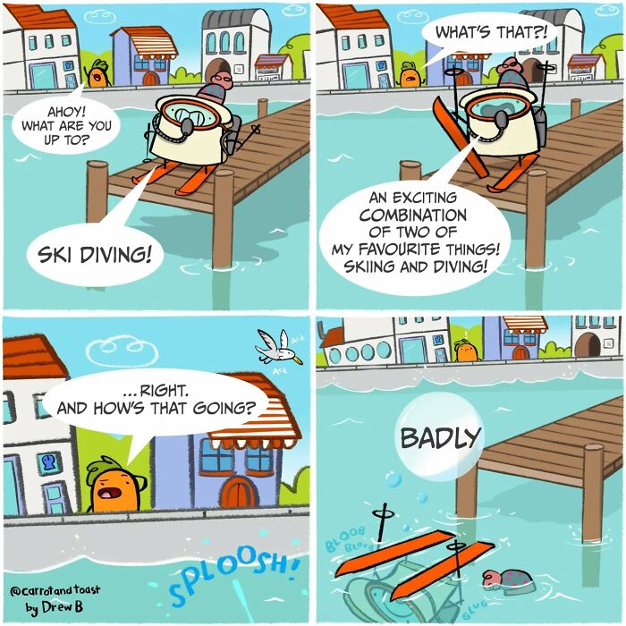 Comic strip featuring a carrot and toast in a silly comedy about skiing and diving, part of artist’s humorous creations.