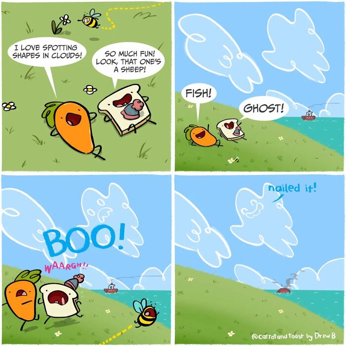 Carrot and slice of toast spot cloud shapes and share silly comedy moments by the sea in a colorful cartoon.