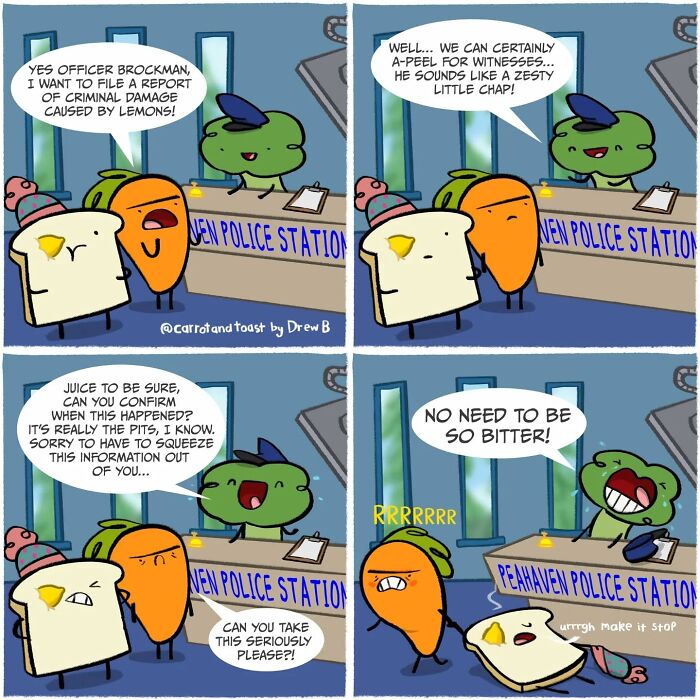 Cartoon featuring carrot and slice of toast at a police station in a silly comedy by artist Drew B.