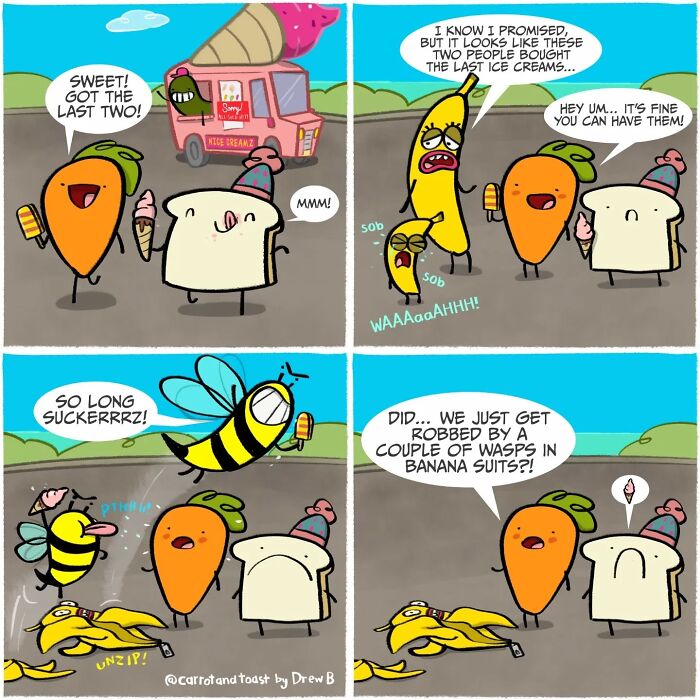 Cartoon of carrot and slice of toast in silly comedy with characters and ice cream truck in colorful outdoor scene.