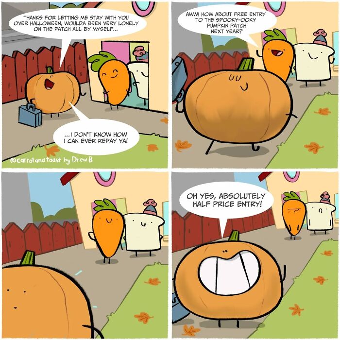 Cartoon carrot and slice of toast characters share a funny Halloween comic in artist's silly comedy series.