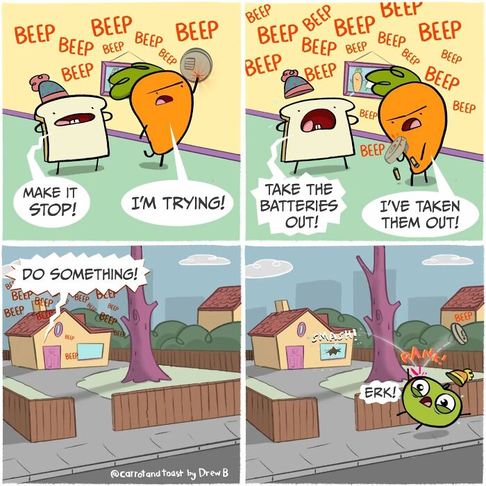 Carrot and toast characters in silly comedy struggle with a beeping house alarm in a colorful comic strip.