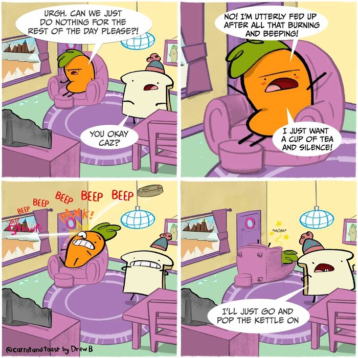 Comic strip featuring a carrot and toast characters in silly comedy about being fed up and wanting silence.