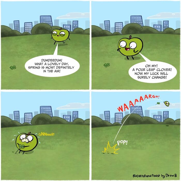Animated green apple character finds a four-leaf clover, struggles comically, showcasing silly comedy art style.