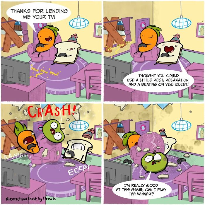 Carrot and slice of toast in silly comedy comic playing video games and crashing in a colorful living room scene.