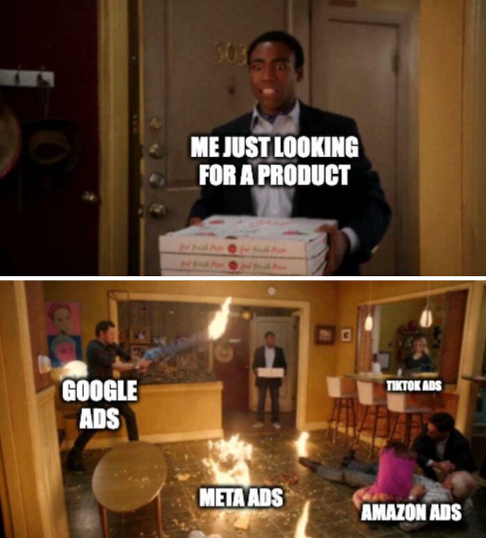 Man holding pizza boxes labeled me just looking for a product while surrounded by fire labeled Google ads, Meta ads, TikTok ads, and Amazon ads.