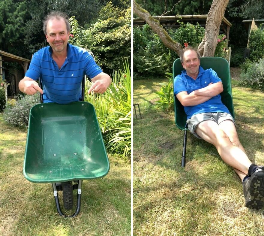 Man demonstrating everyday items take on new life with genius hacks by turning a wheelbarrow into a lawn chair outside.