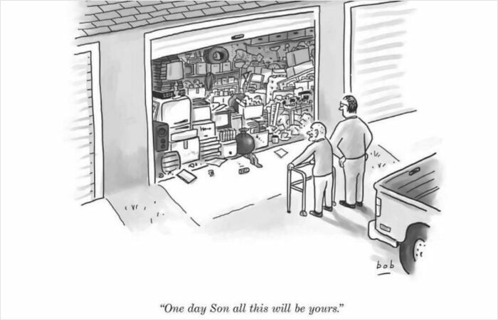 Older man with walker and younger man looking at cluttered garage filled with consumer goods highlighting excess consumerism issue.