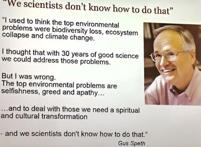 Quote about environmental problems highlighting selfishness, greed, and apathy as main issues in consumerism culture with scientist portrait.