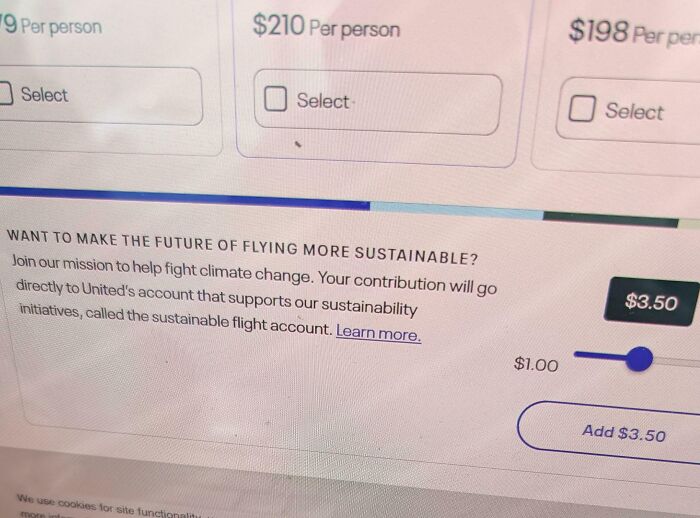 Credit card checkout screen showing a sustainability donation slider highlighting consumerism issues and climate change efforts.