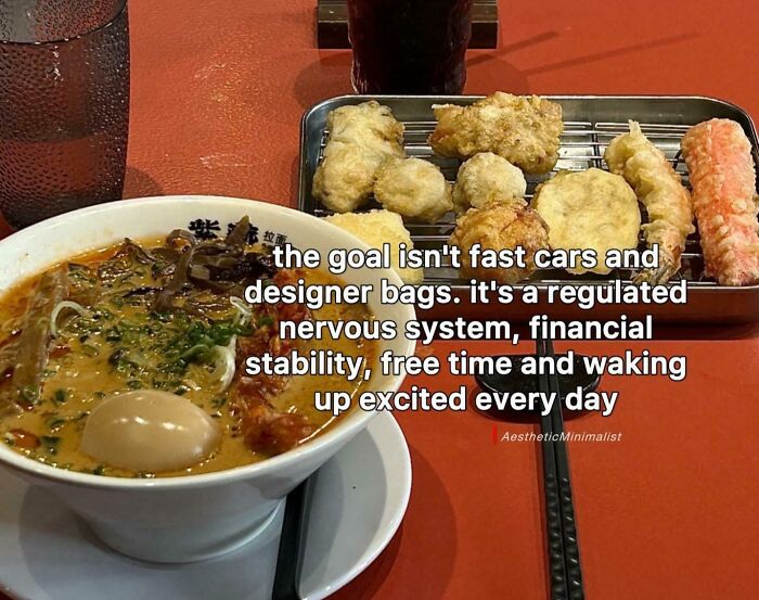 Bowl of ramen and fried snacks on tray with text about financial stability and consumerism effects.