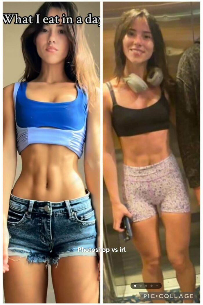 People who didn't even try to look natural on social media, woman with a tiny waist, and a fit woman in an elevator.