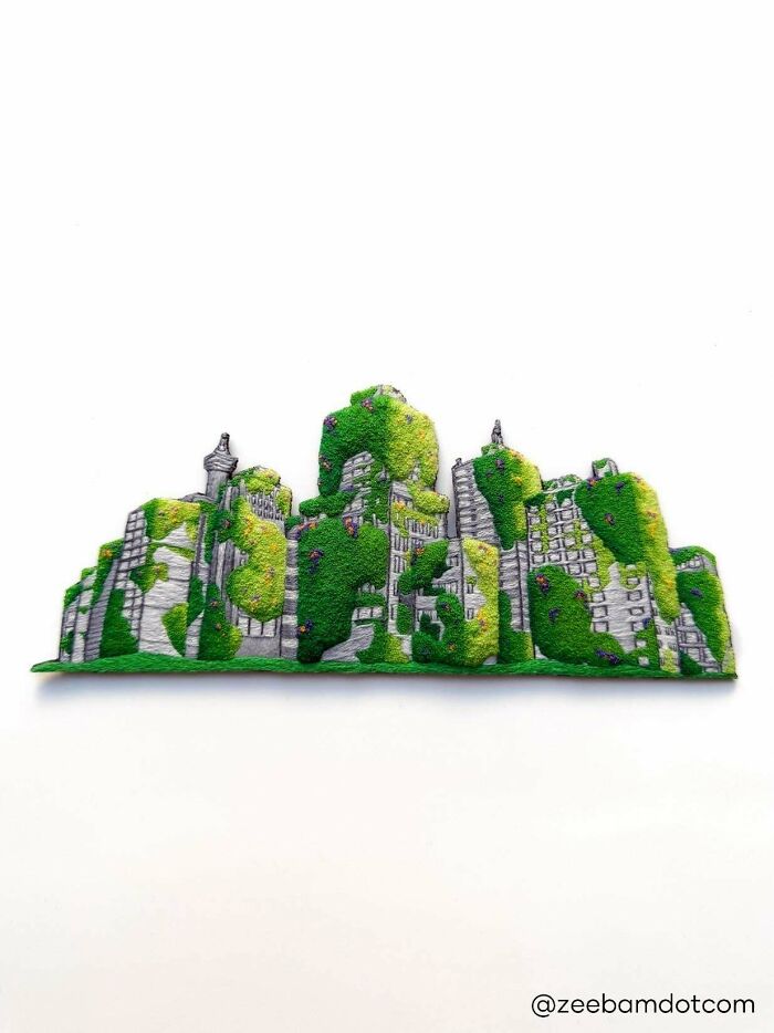 Urban landscape embroidery creation with buildings overtaken by greenery, inspiring new hobby.