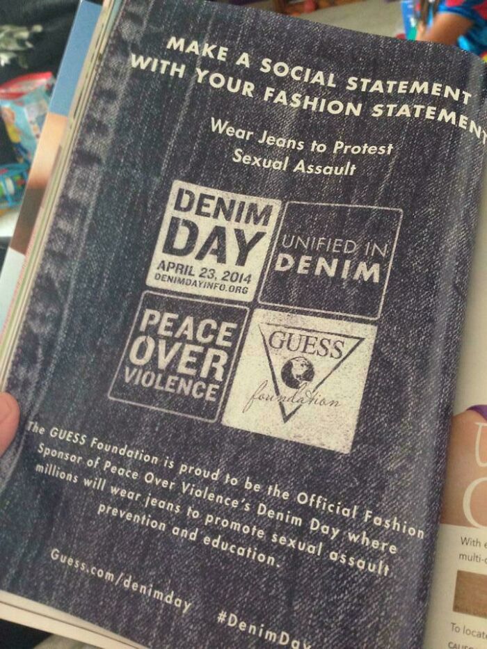 Denim Day fashion statement promoting social awareness against s****l a*****t highlights consumerism’s impact.