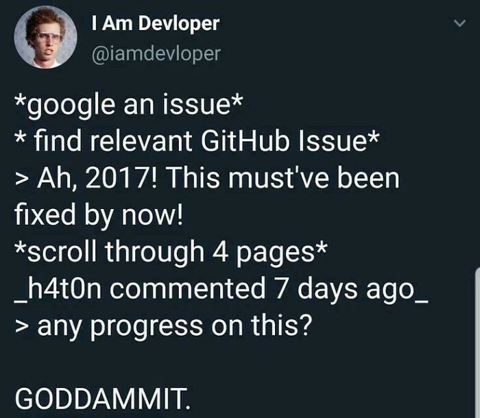 Screenshot of a programming meme about debugging struggles while searching GitHub issues for solutions.