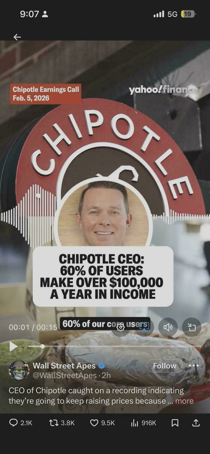 A mobile phone screen showing a Chipotle CEO discussing user income, illustrating consumerism and potential price increases.