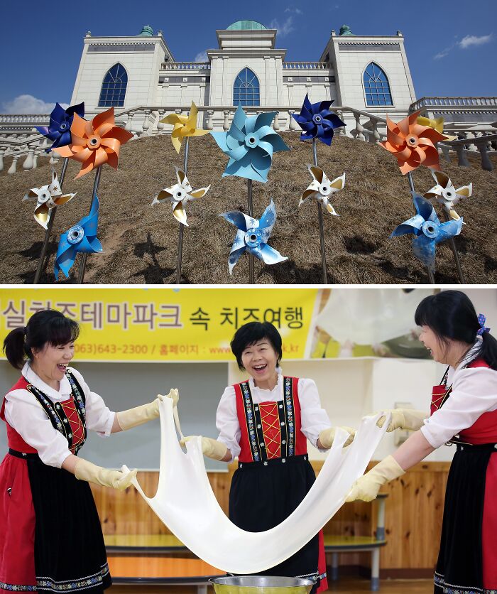 Colorful pinwheels displayed in front of a unique building and women stretching cheese in a cultural demonstration of unusual places.