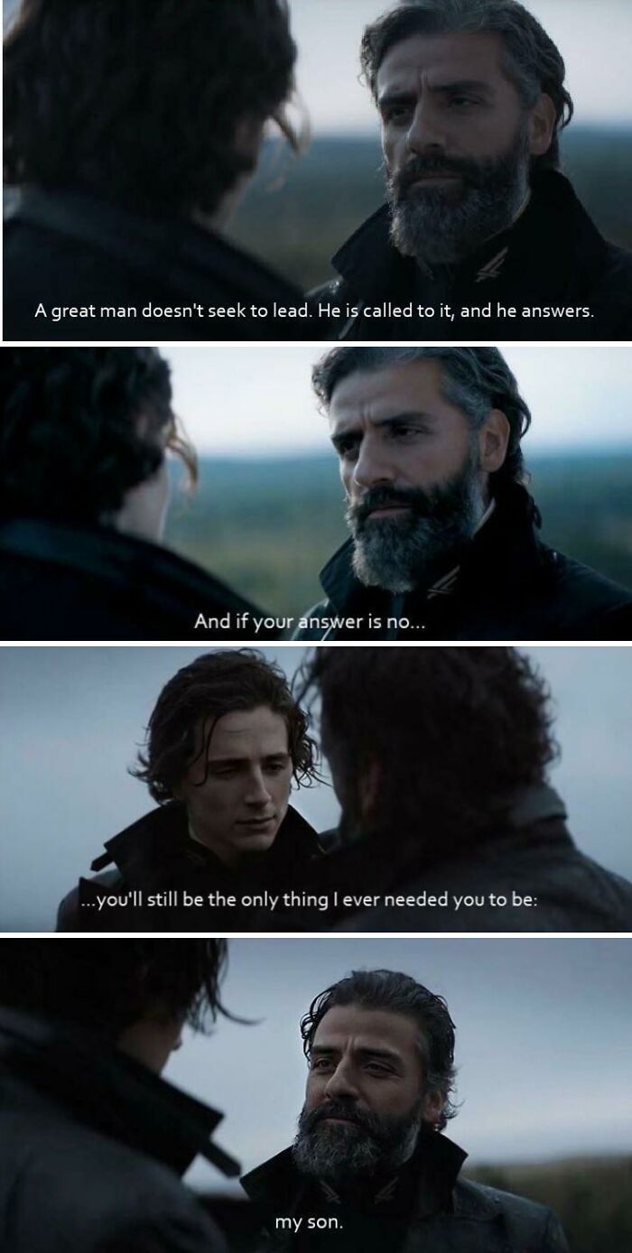 Scene from a science fiction meme showing a father and son with emotional dialogue for science fiction nerds.