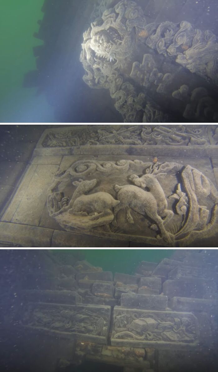 Underwater ancient stone carvings of mythical creatures and animals in an unexpected ocean photo that might freak you out