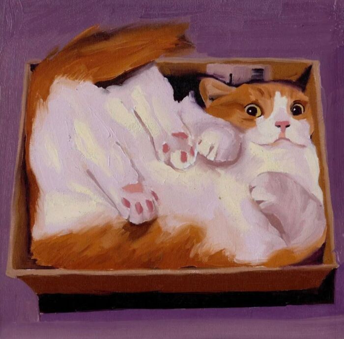 Painting of a cat lying in a box showcasing cat-themed artworks shared by the art community.