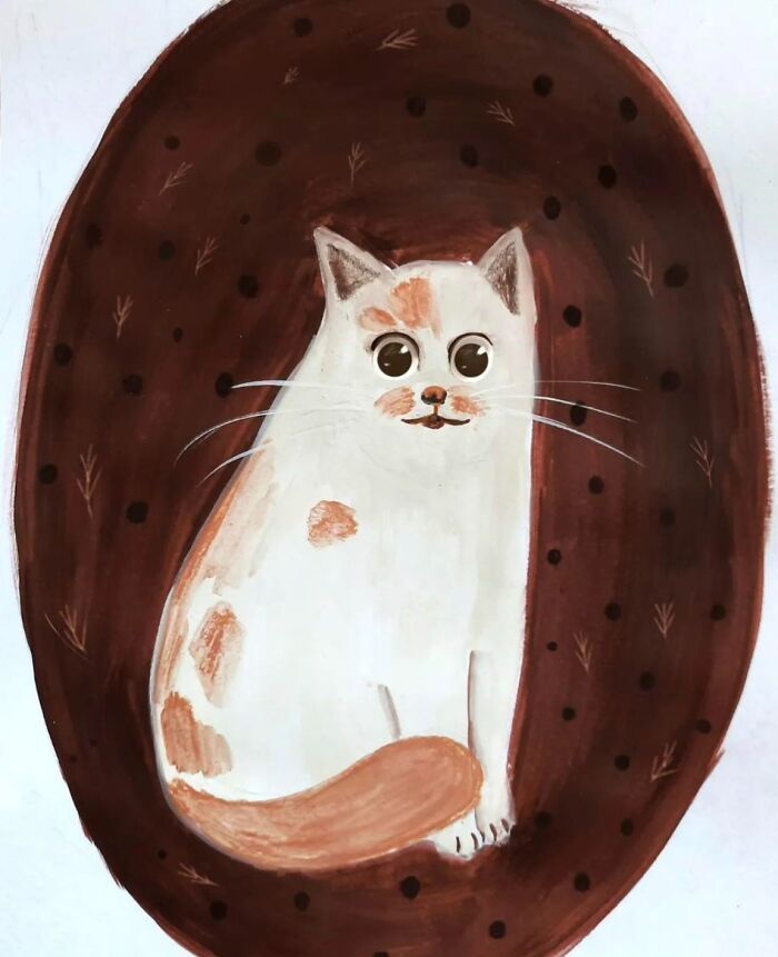 Whimsical cat-themed artwork with large eyes and brown patches on a dark brown oval background with delicate patterns.
