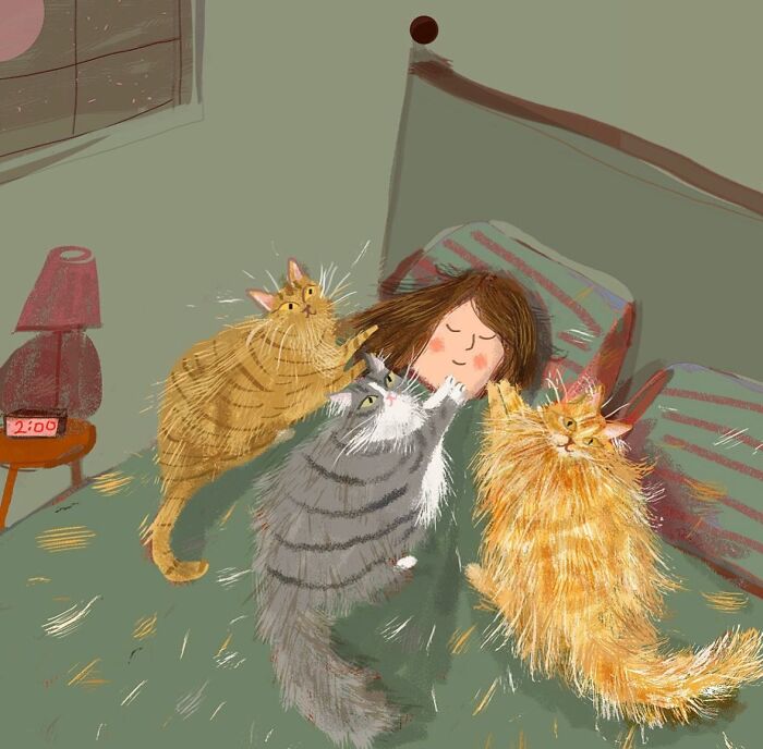 Illustration of a person in bed surrounded by three cats, highlighting cat-themed artworks shared by a community.