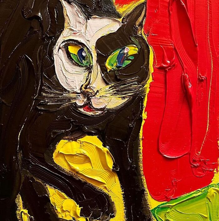 Thickly textured cat-themed artwork with bold black, yellow, red, and green colors in an expressive painting style.