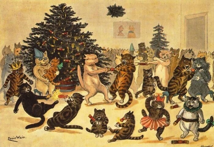 Vintage cat-themed artwork showing anthropomorphic cats dancing and celebrating around a decorated Christmas tree.
