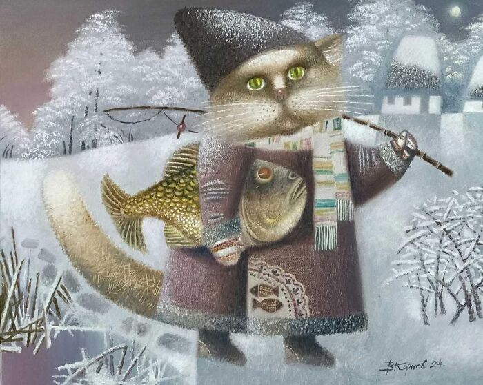 Surreal cat-themed artwork featuring a winter scene with a cat holding a fishing rod and a large fish.