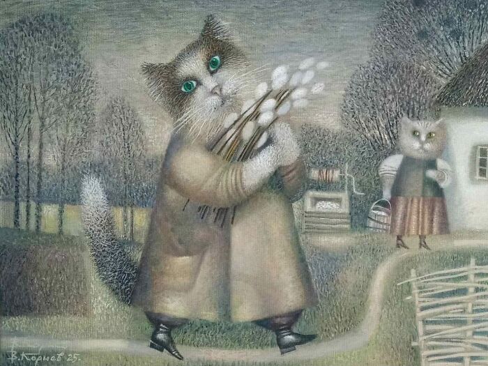 Surreal cat-themed artwork of two anthropomorphic cats in a village setting, highlighting unique cat-themed art styles.