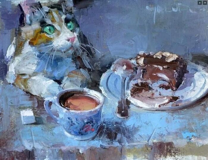 Impressionistic cat-themed artwork featuring a cat with green eyes next to a cup of tea and a chocolate dessert.