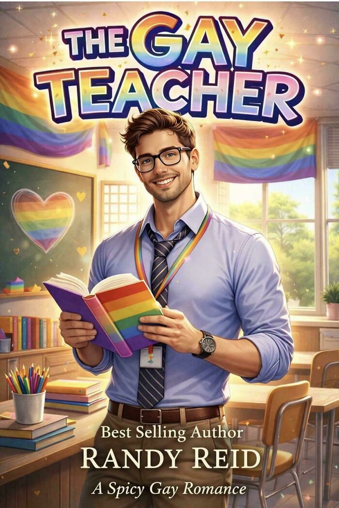 Book cover showing a smiling man in a classroom holding a rainbow-striped book, part of funny awful book covers series.